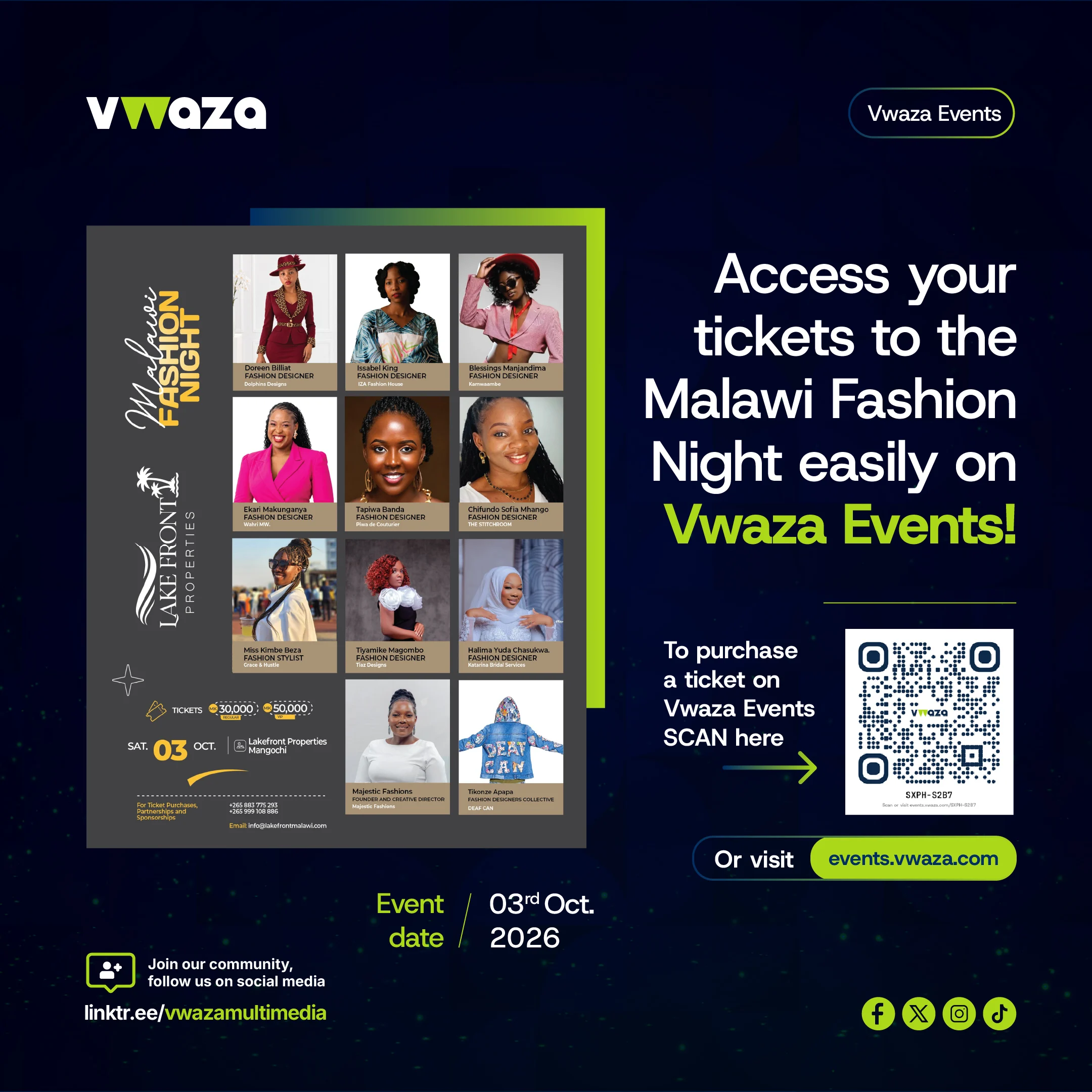 Vwaza Events promotion for Malawi Fashion Night at Lakefront Properties, held on 3 October 2026
